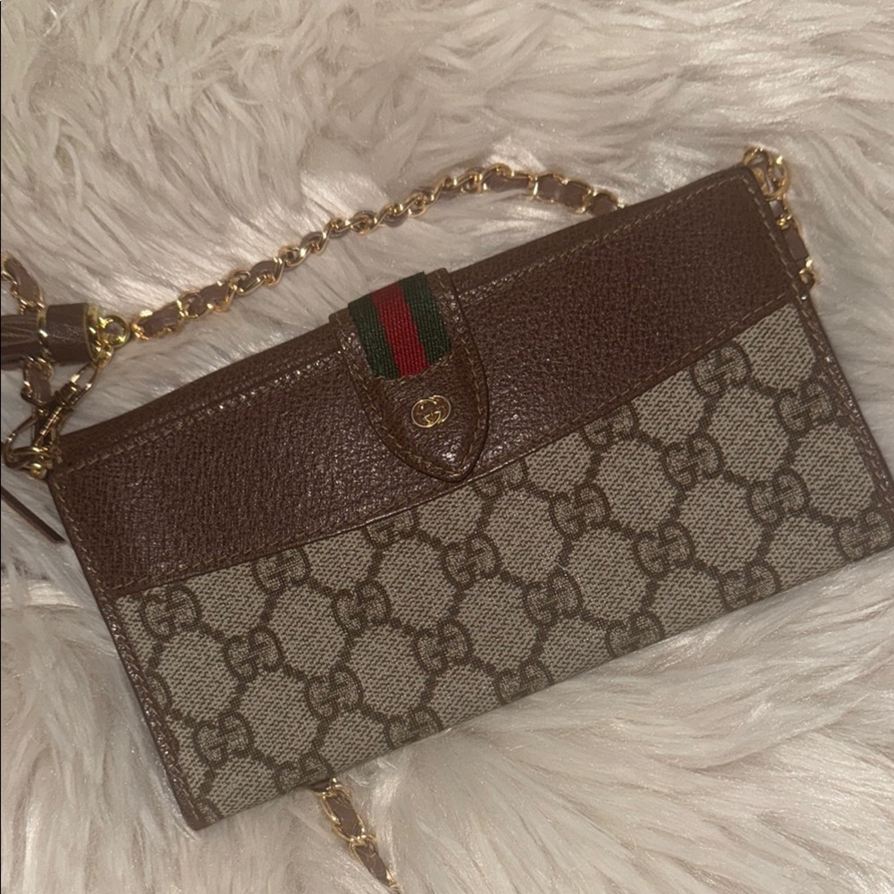 Gucci Brown GG Canvas and Leather Chain Wristlet with Green-Red Stripe